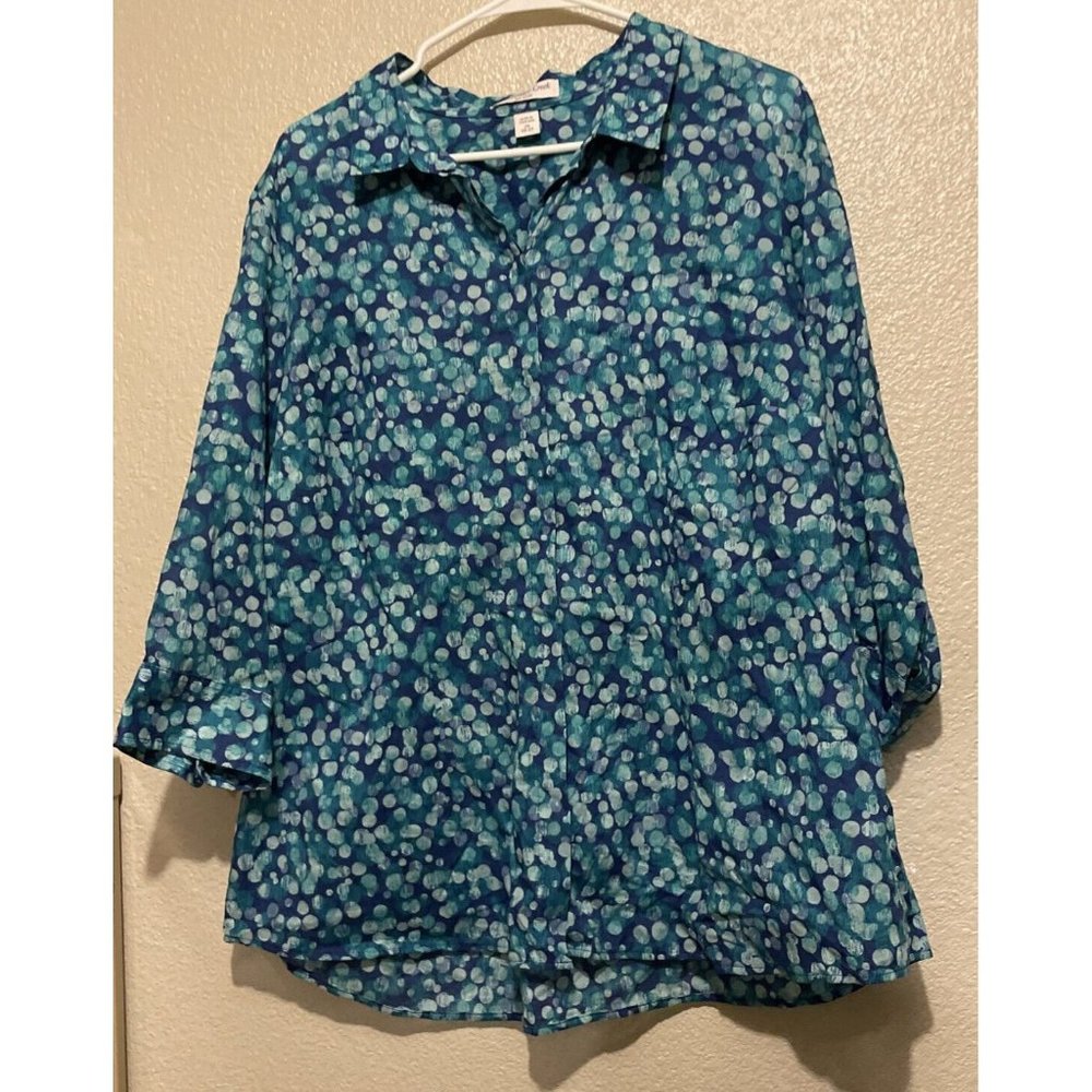 Coldwater Creek Blouse Button Down Blue Polka Dot 3/4” Sleeve No Iron 2X  20/22